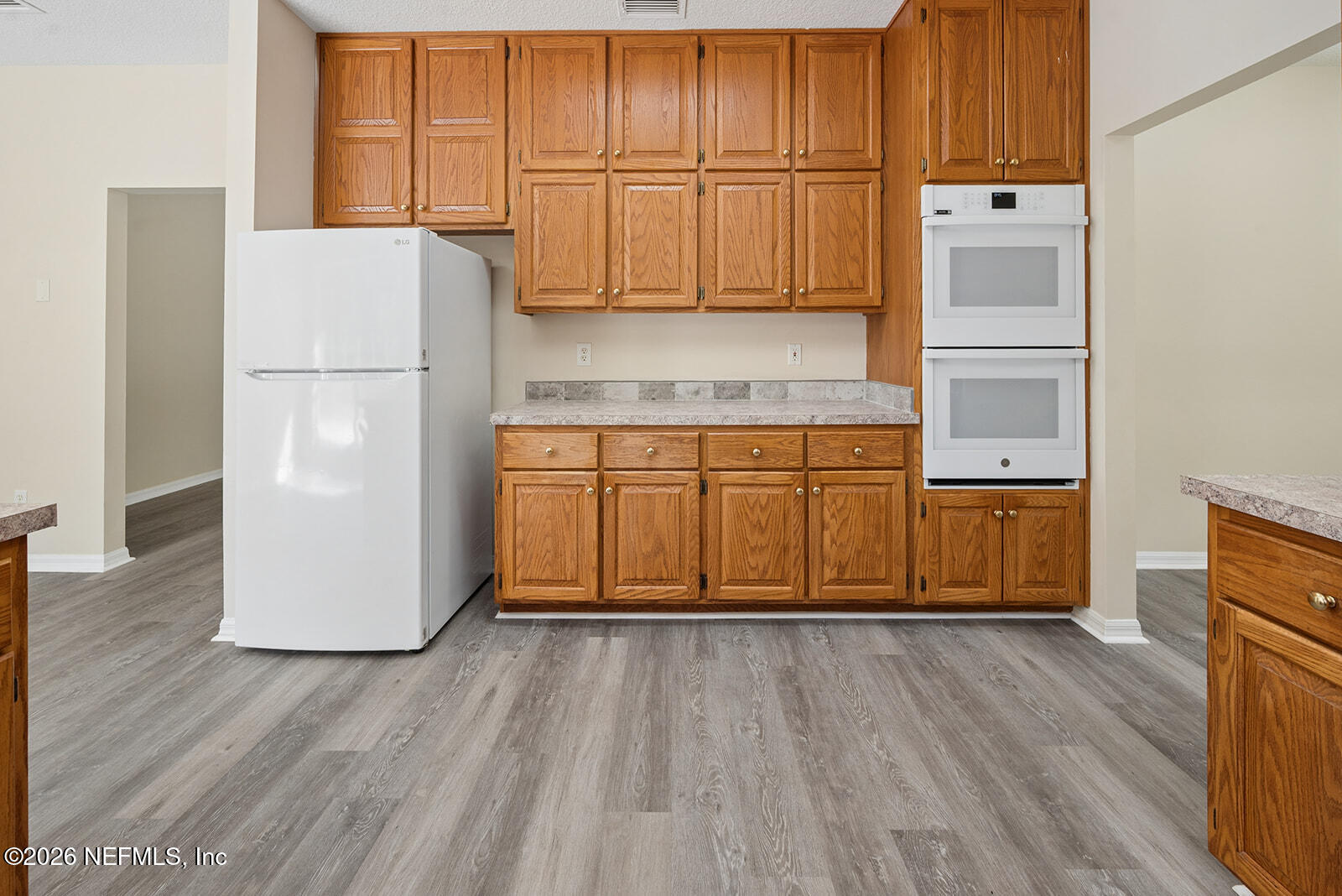 6240 Payne Road Keystone Heights, FL 32656 - Photo 20 of 43 a kitchen with a refrigerator and cabinets