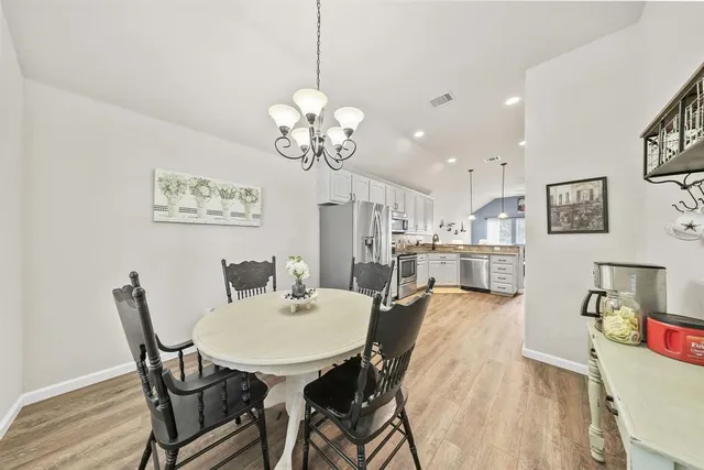 a view of a dining room with furniture and wooden floor