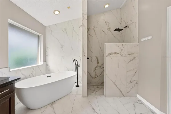a bathroom with a bathtub and a shower