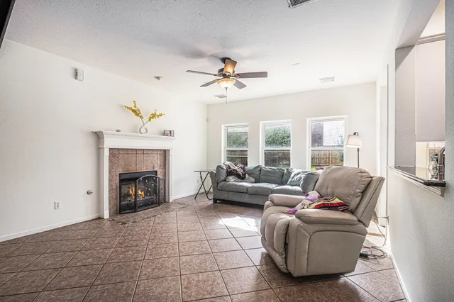 a living room with furniture and a fireplace