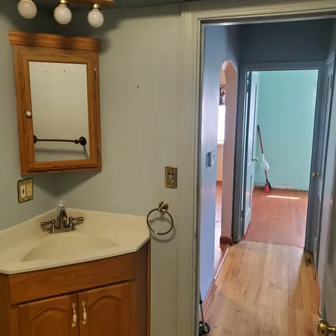 a bathroom with a sink and a mirror