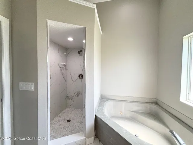 a bathroom with a tub and a shower