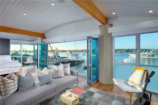 a view of a lake with sitting area