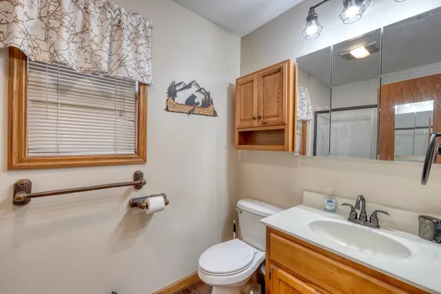 a bathroom with a sink a toilet and a mirror