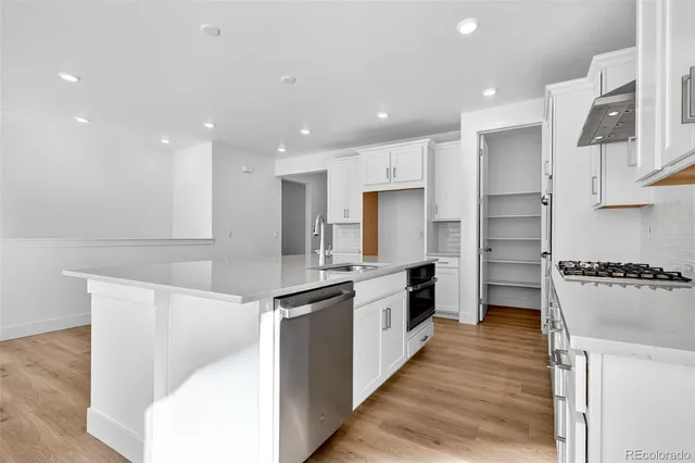 a kitchen with stainless steel appliances granite countertop a refrigerator and a sink