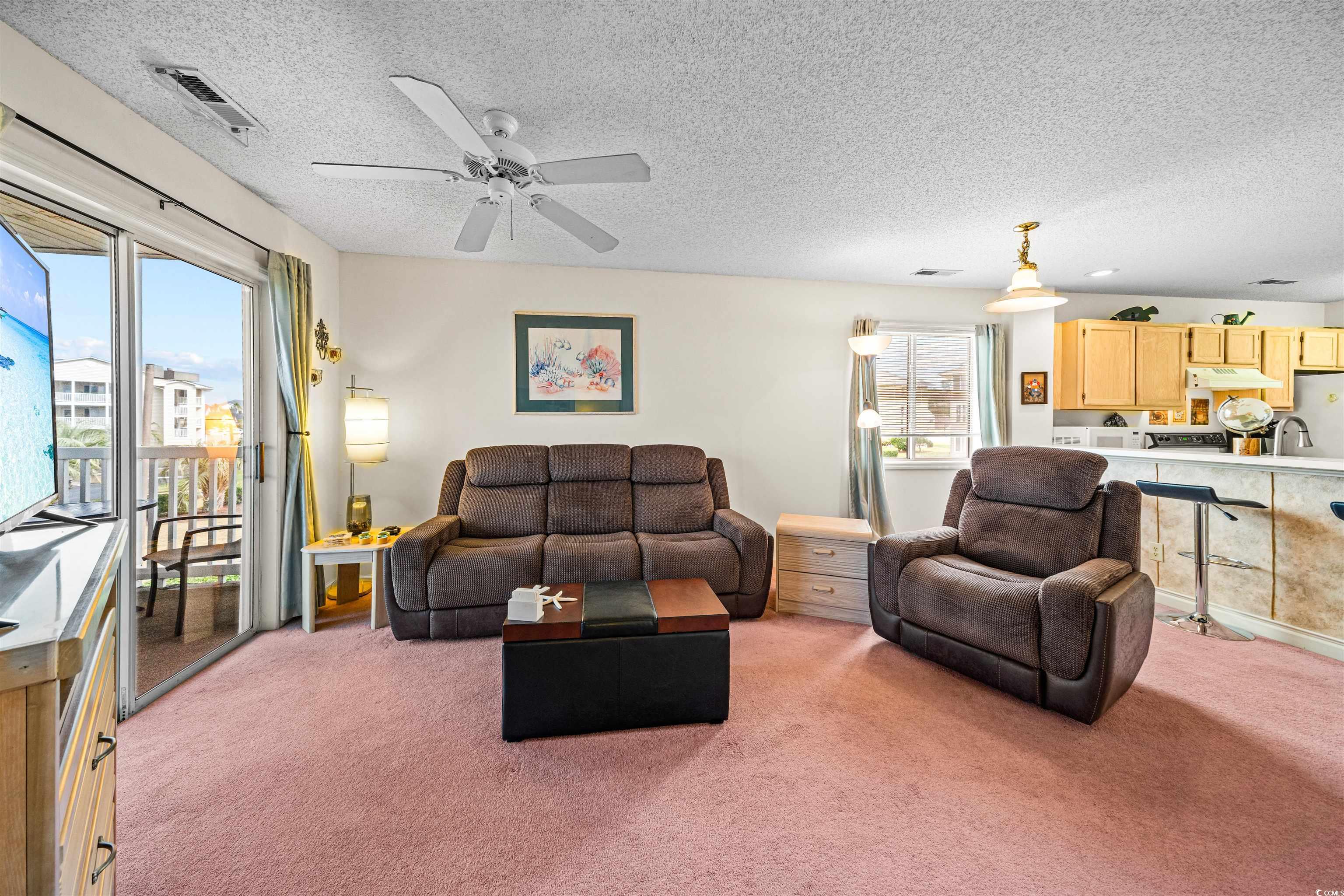 207 Landing Road, Unit F North Myrtle Beach, SC 29582 - Photo 8 of 27 Living room with light carpet, a textured ceiling,