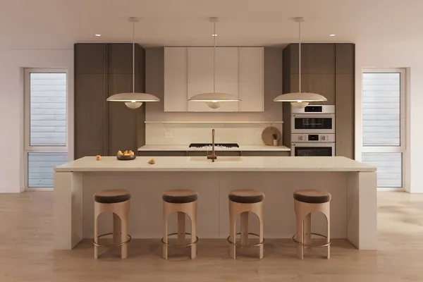 a kitchen with stainless steel appliances a sink and cabinets