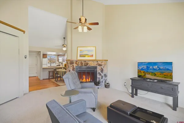 a living room with furniture and a fireplace