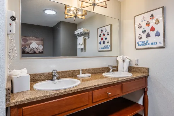 a bathroom with a sink double vanity and a granite