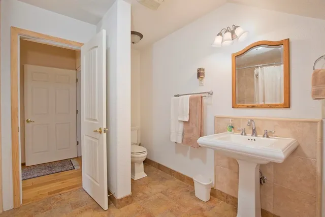 a bathroom with a sink a toilet and mirror