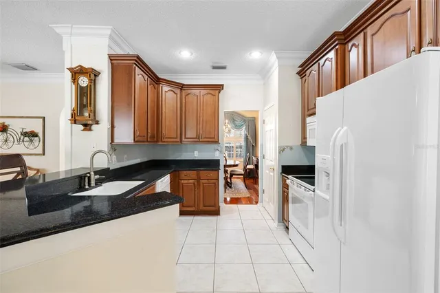 a kitchen with granite countertop a sink a stove top oven a refrigerator and wooden cabinets
