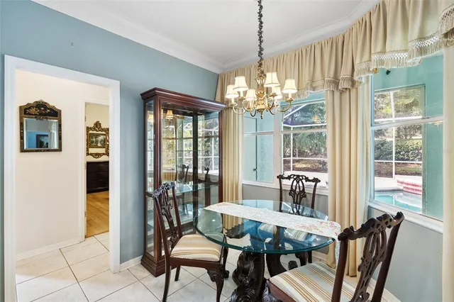a view of a dining room with furniture window and outside view