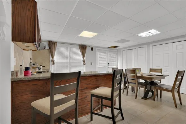 a view of a dining room with furniture