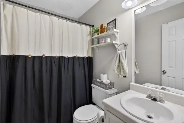 a bathroom with a sink a toilet and shower curtain