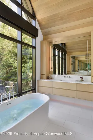 a bathroom with a large tub and shower