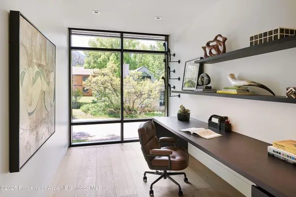 a view of a workspace room with a window