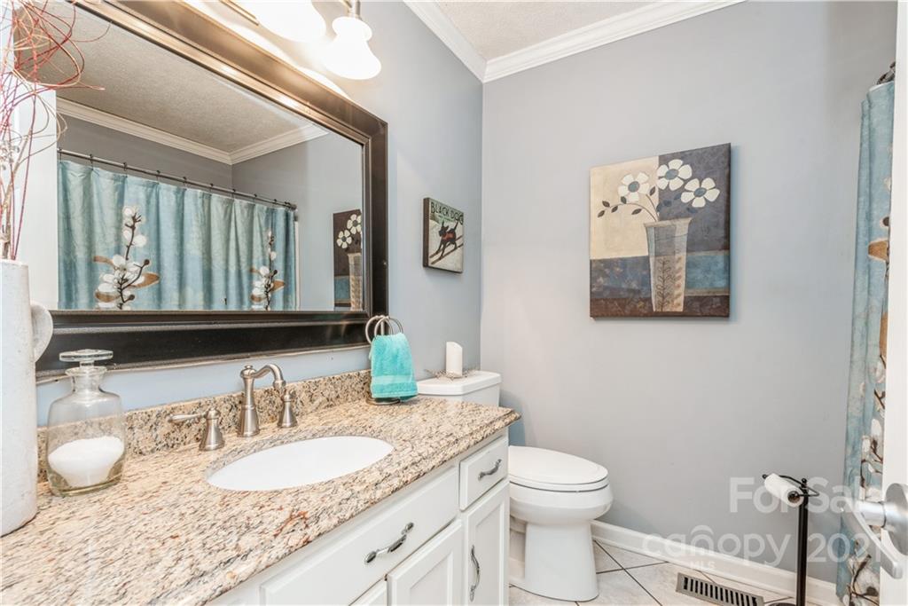 8619 Unity Church Road Denver, NC 28037 - Photo 20 of 24 a bathroom with a granite countertop toilet a sink and a mirror