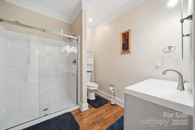 a bathroom with a granite countertop sink a toilet and shower