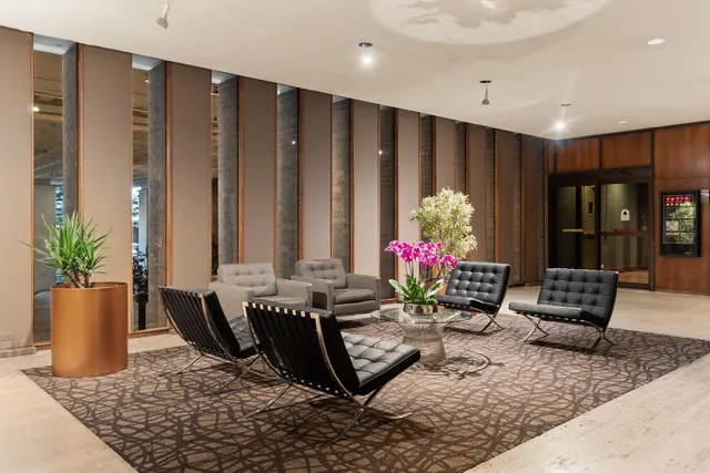 a view of a building with a glass door