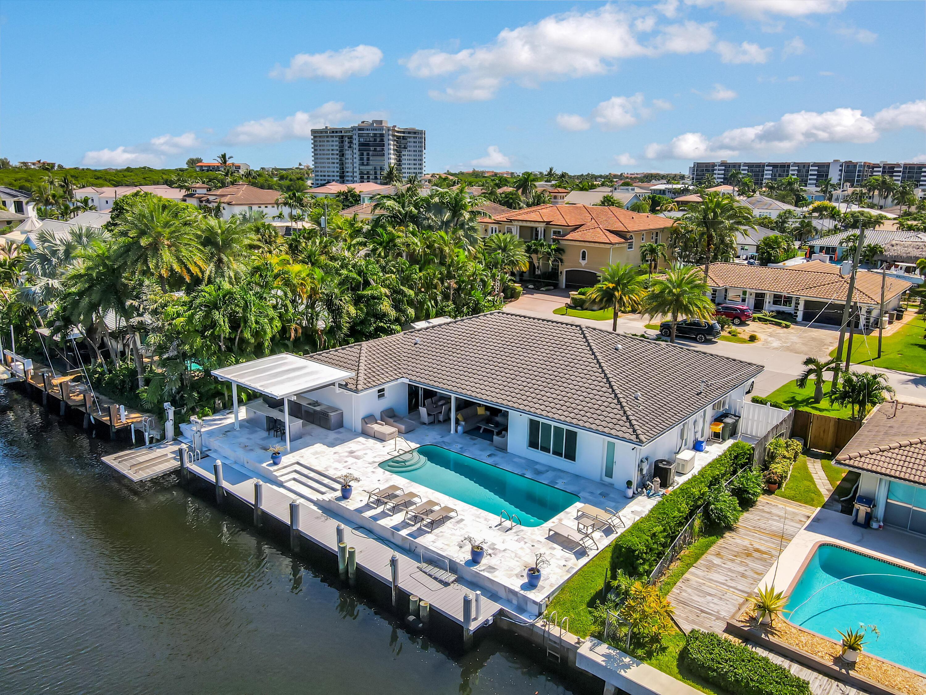 an aerial view of a house with swimming pool garden and lake view