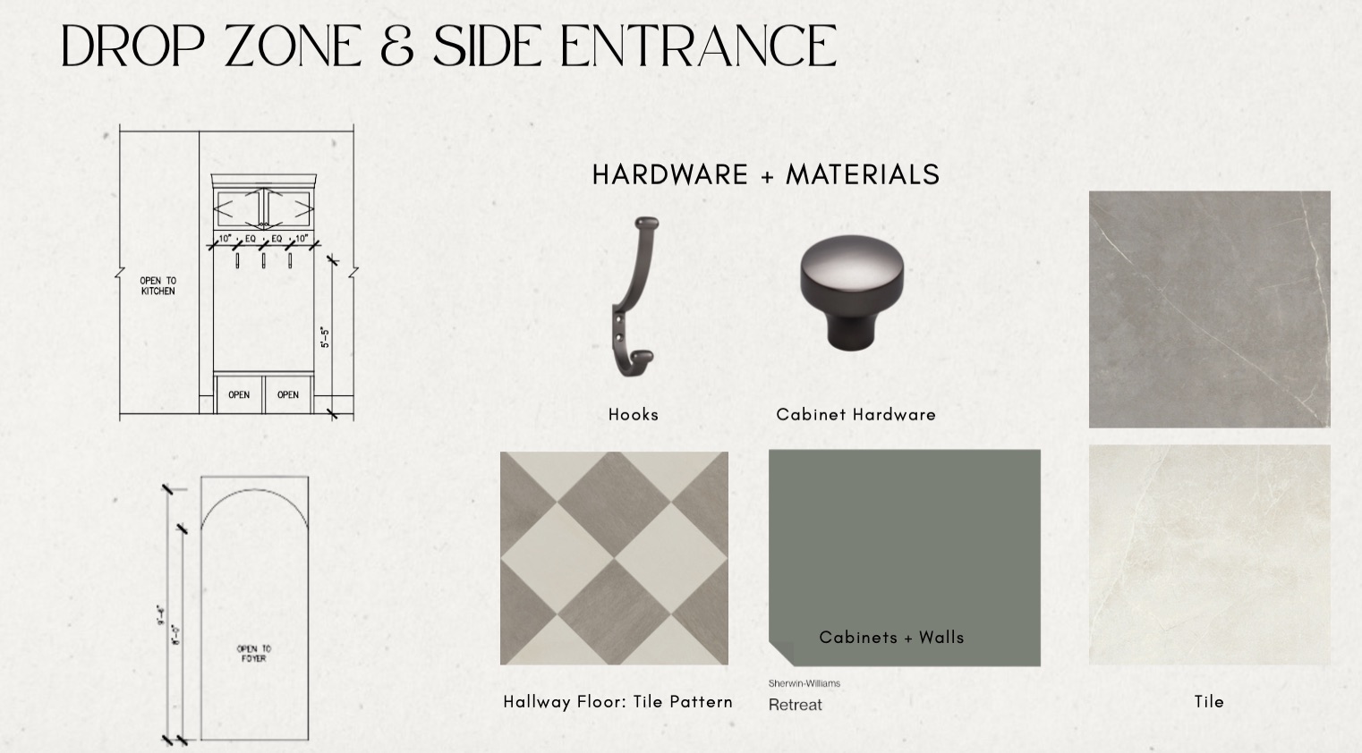 1309 Alguno Road, Unit 1 Austin, TX 78757 - Photo 20 of 33 Interior Design Specification. Presenting material and hardware selections for the property's drop zone and side entrance areas