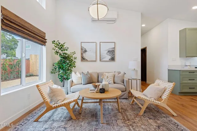a living room with furniture potted plant and a large window
