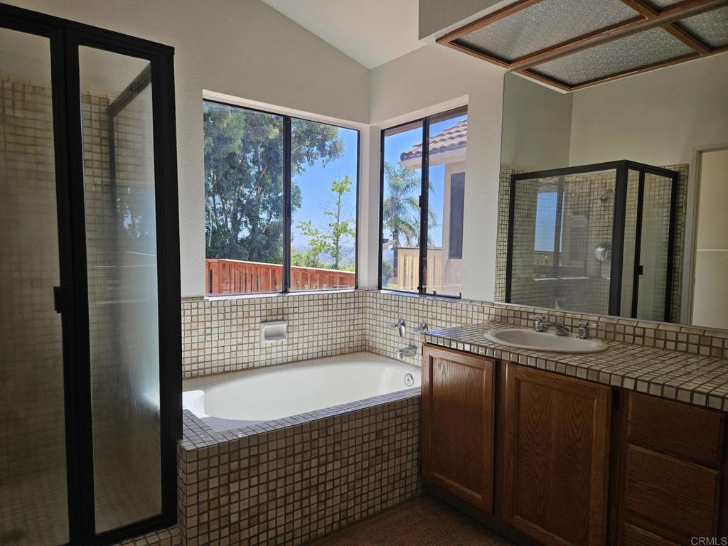 9329 Parus Point San Diego, CA 92129 - Photo 10 of 30 a bathroom with a tub a sink and a large mirror next to a window