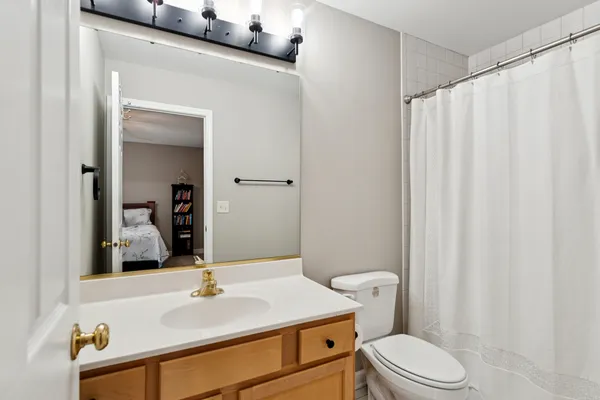 a bathroom with a sink a toilet and shower curtain