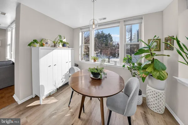 a dining room with furniture potted plants and wooden floor