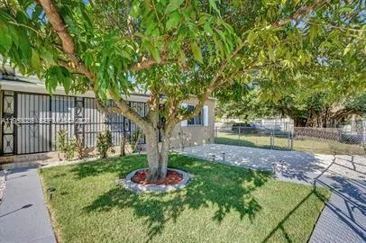 a view of a house with backyard and a tree