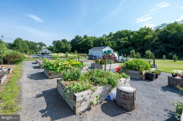 a garden view with a seating space