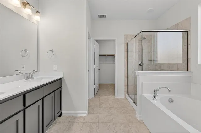 a bathroom with a tub a sink shower and mirror