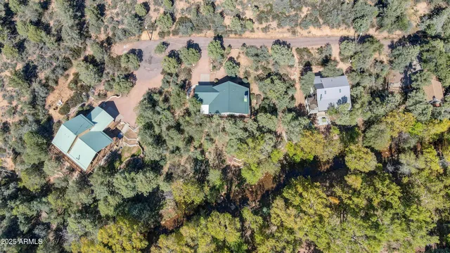 a aerial view of a house with a yard and large trees