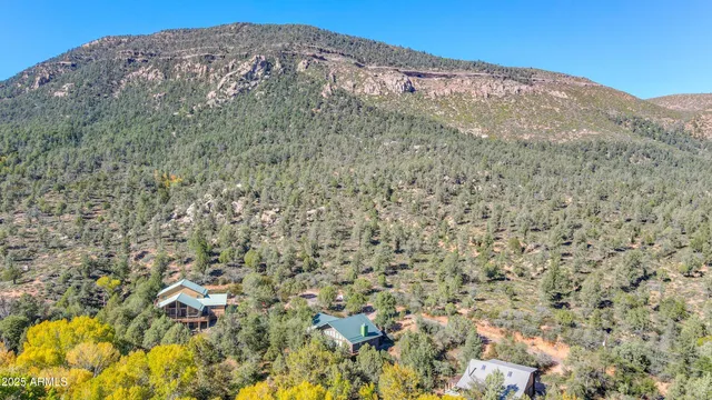 a view of a large building with mountains in the background