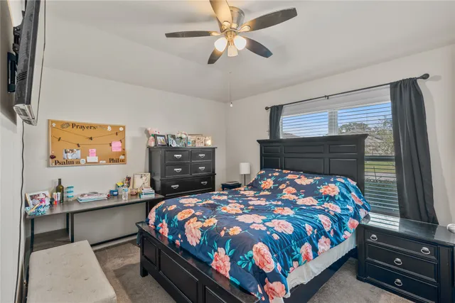 a bedroom with a bed and dresser