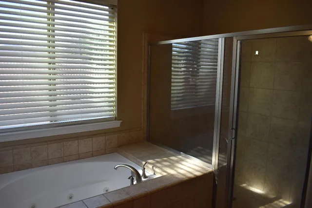 a bathroom with a shower and a sink