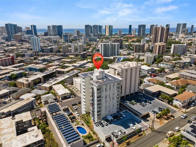a city view with tall buildings