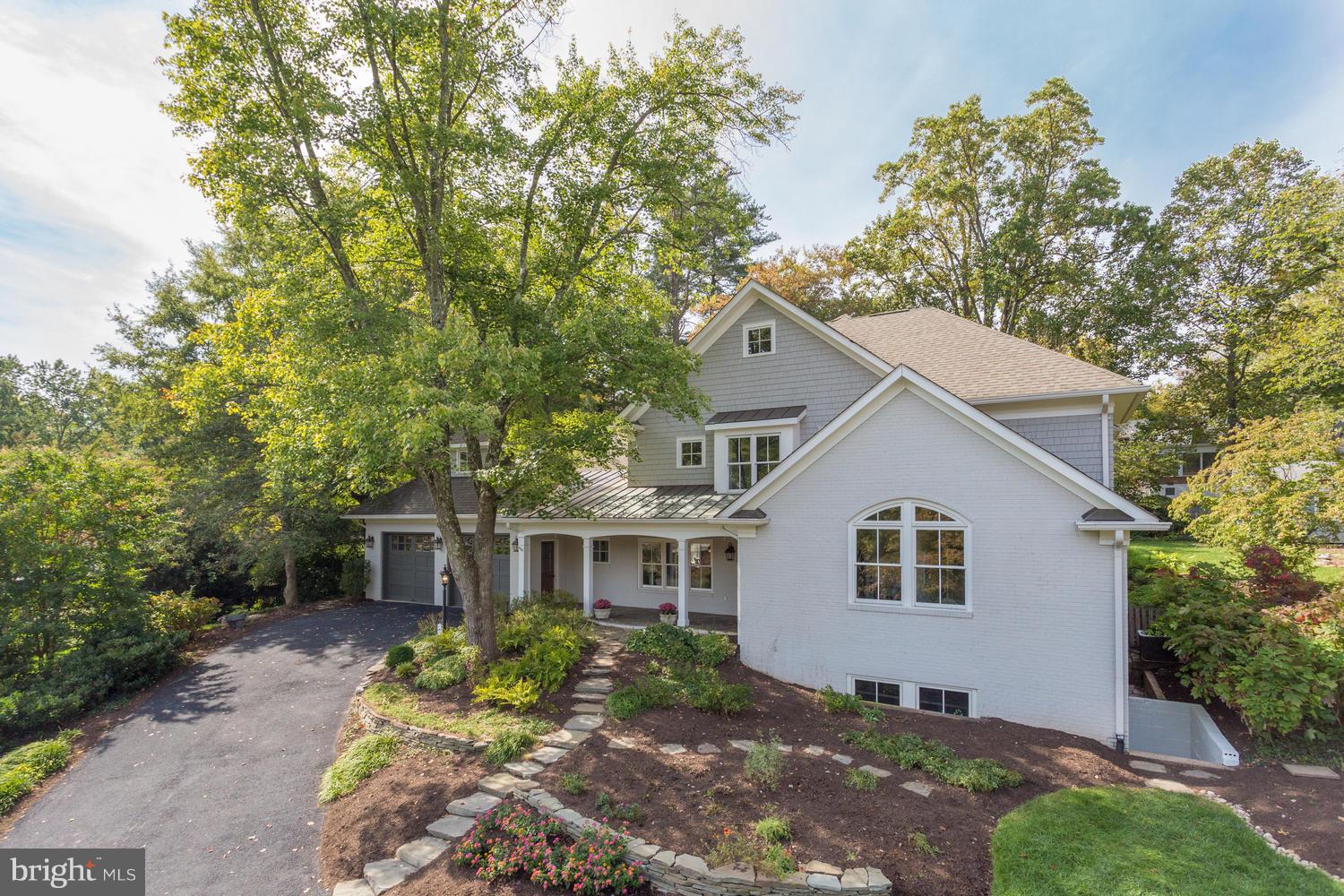 a view of a yard in front of a house with plants and large tree