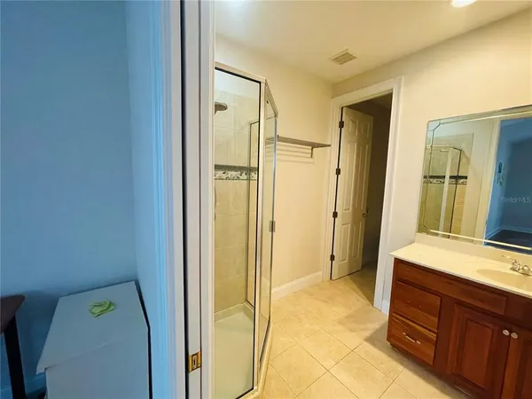 a bathroom with a tub shower vanity and a sink