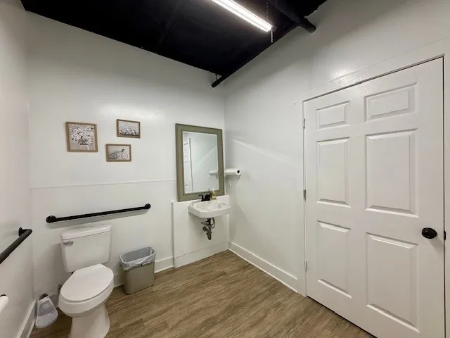 a bathroom with a toilet a sink and mirror
