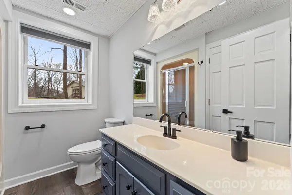 a bathroom with a sink mirror and toilet