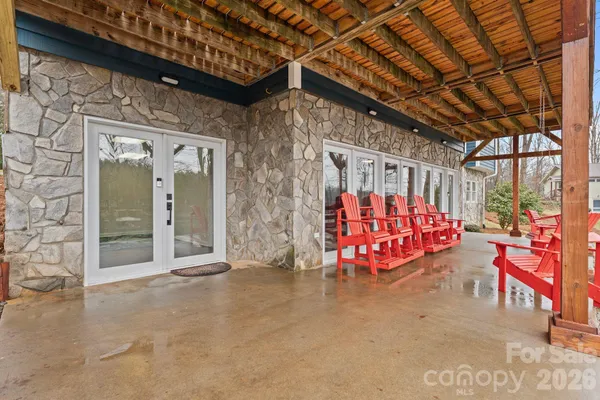 an outdoor space with seating