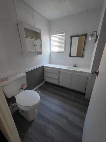 a bathroom with a toilet a sink and mirror