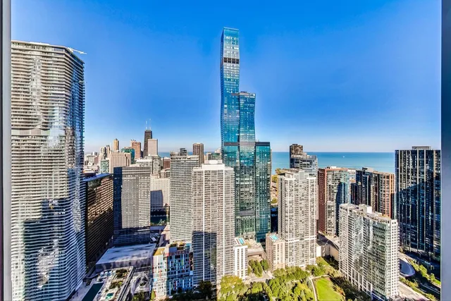 a city view with tall buildings