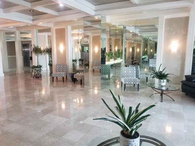 a lobby with a potted plant and glass door