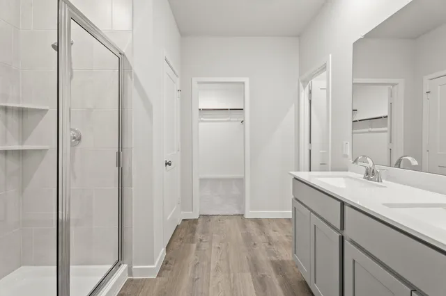 a bathroom with a sink a mirror and a shower