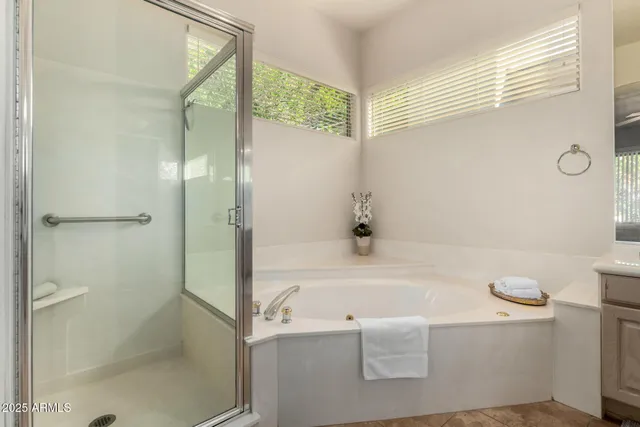 a bathroom with a bathtub and a shower