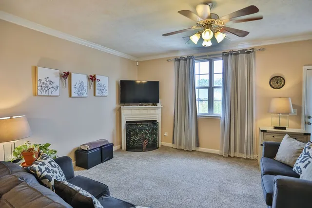 a living room with furniture a fireplace and a flat screen tv