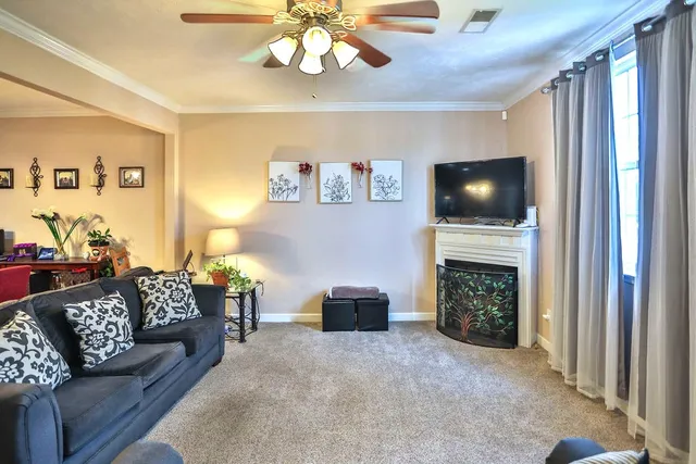 a living room with furniture a fireplace and a flat screen tv