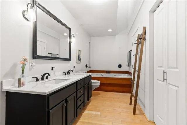 a view of balcony with wooden floor